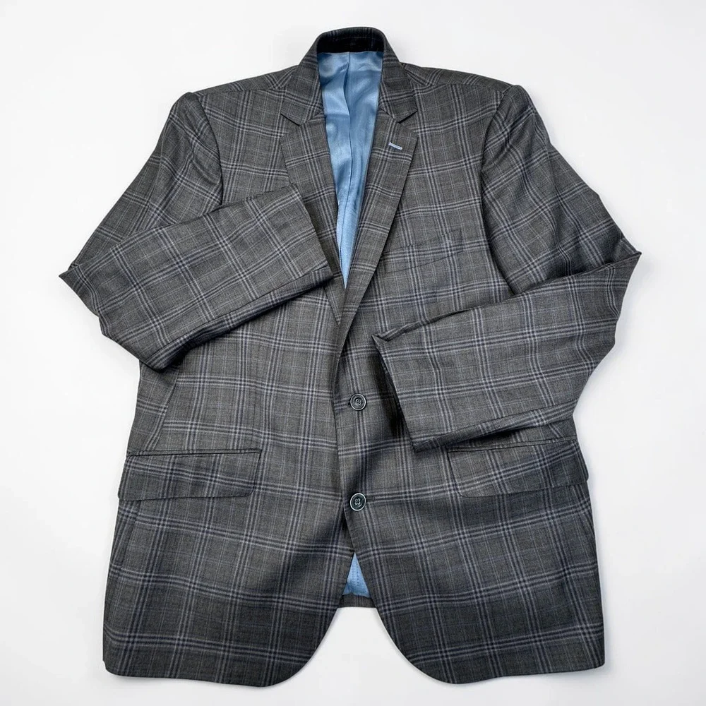 J.Hilburn Sport Coat Mens 43R Grey Blue Glen Plaid 100% Wool European Fit Blazer
